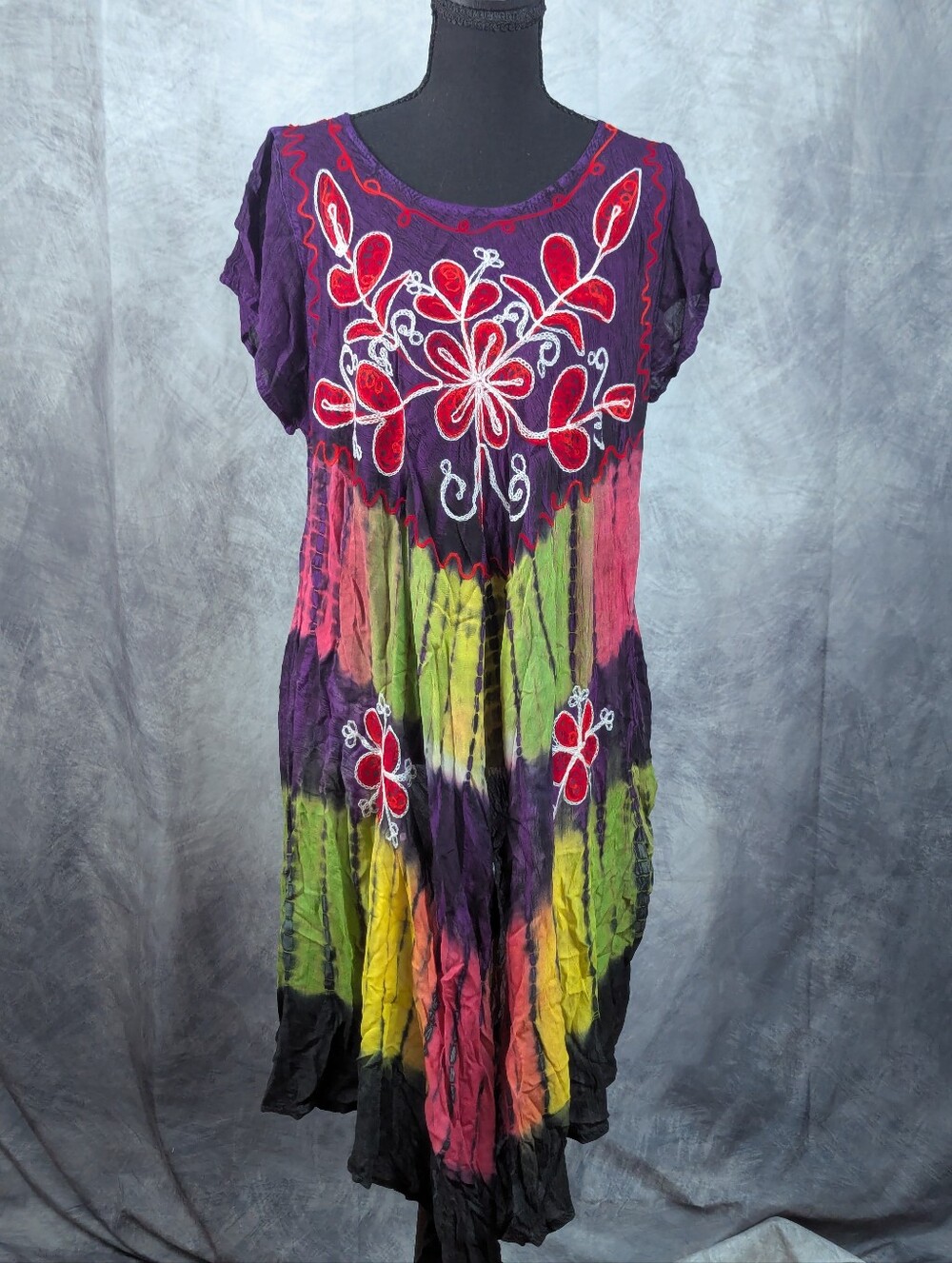Vibrant Asymmetrical Dress with Floral Embroidery